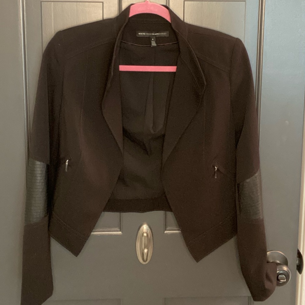 White House Black Market WHBM Black Faux Leather Sleeve Jacket Coat Blazer Sz 0